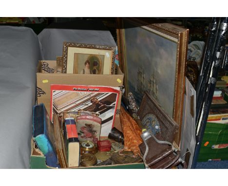 TWO BOXES AND LOOSE PICTURES, METALWARES AND SUNDRY ITEMS, to include The Beatles 1962-1966 LP PCSP 717 (sleeve damaged, reco