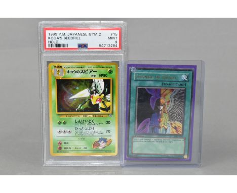 YUGIOH FIRST EDITION AND POKEMON PSA 9 CARDS, cards are Yugioh Metal Raiders Change Of Heart MRD-E060 and a Japanese Gym Chal