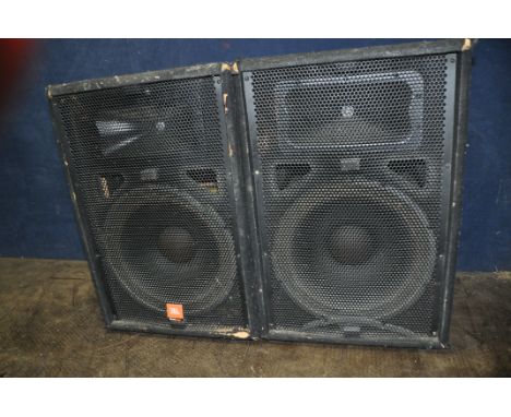 A PAIR OF JBL SOUND FACTOR SF15 PA SPEAKERS with 1x15in and horn, rear panel adapted to take Speakon connector (untested) (Co