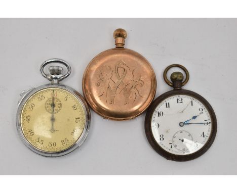 TWO POCKET WATCHES AND A STOP WATCH, to include a gold plated full hunter, manual wind pocket watch case, engraved monogram t