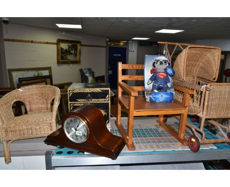 TWO CHILDREN'S CHAIRS, A DOLL'S PRAM, A MANTEL CLOCK AND SUNDRY ITEMS, to include a wicker child's chair height 45.5cm x heig