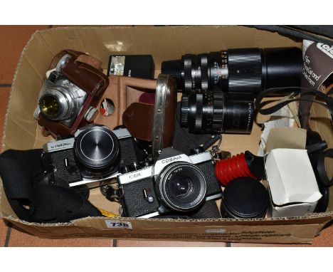 A BOX OF VINTAGE PHOTOGRAPHIC EQUIPMENT, to include a Fujica ST605N SLR film camera with 55mm f2.2 lens, Cosina CSR SLR film 