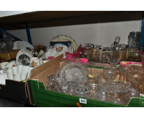 FIVE BOXES AND LOOSE CERAMICS, GLASS AND METALWARE, including boxed Georgian Crystal (Tutbury) rose bowl, a soda syphon with 