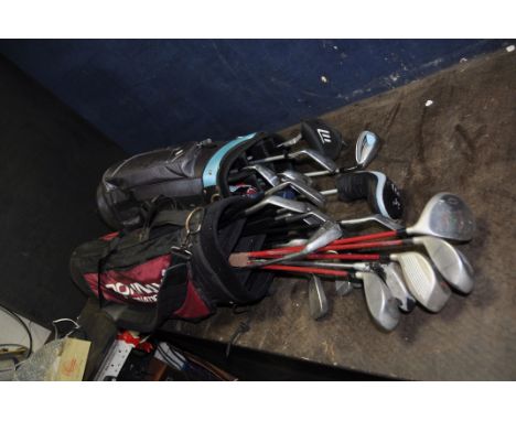TWO GOLF BAGS CONTAINING MIZUNA, DUNLOP AND PINSEEKER CLUBS including MCZ six irons, a putter and a driver, nine FZ-300 irons