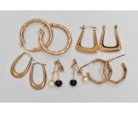 FIVE PAIRS OF YELLOW METAL EARRINGS, to include a pair of textured hoops with lever fittings, stamped 375, a pair of rectangu