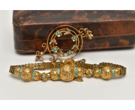 A YELLOW METAL LAVALIER PENDANT AND A GOLD PLATED BRACELET, circular open work pendant with turquoise and split pearl floral 