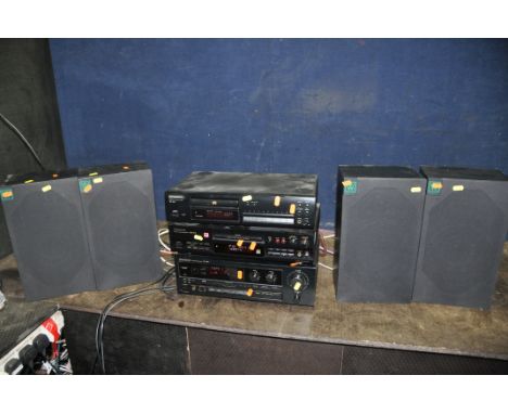 A PIONEER COMPONENT HI FI WITH WHARFEDALE SPEAKERS consisting of a SX-221R stereo receiver, a PDR-509 CD recorder, a PD-204 C