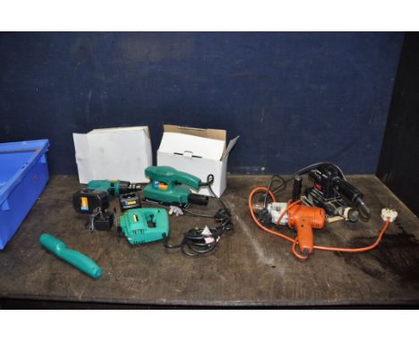 A TRAY CONTAINING MOSTLY DP POWER TOOLS including a Jigsaw, a 7.2v cordless drill with one battery and charger, a cordless sc