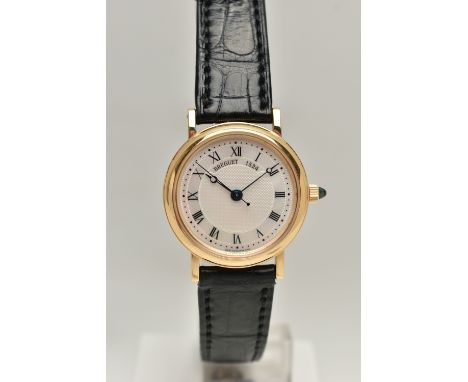 A BOXED YELLOW METAL AUTOMATIC BREGUET CLASSIQUE WRISTWATCH, mother of pearl Guilloche dial numbered 1524, blued steel Bregue