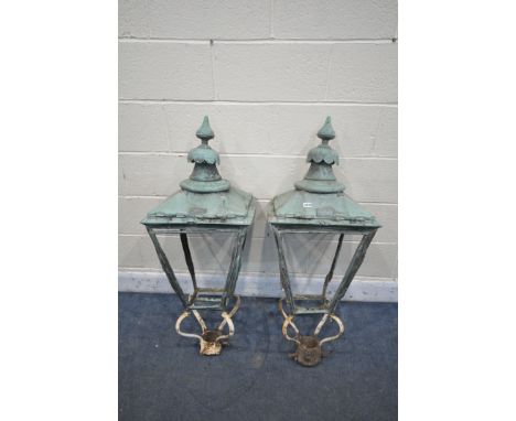 A PAIR OF VINTAGE ALUMINIUM SQUARE TAPERED LANTERNS, both marked W Parkinson &amp; Co, 41cm squared x 148cm (condition report