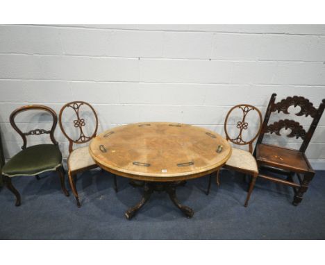 A LATE VICTORIAN WALNUT AND MARQUETRY INLAID LOO TABLE, width 121cm x depth 87cm x height 69cm, along with a pair of Sheraton