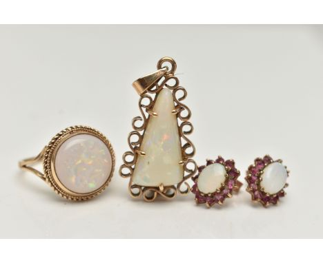 A 9CT GOLD OPAL RING, PENDANT AND EARRINGS, the ring collet set with a circular opal cabochon, within a fine rope twist surro