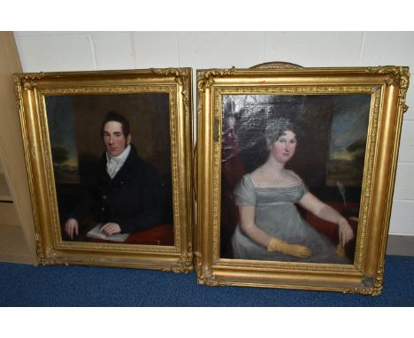 TWO EARLY 19TH CENTURY ENGLISH SCHOOL PORTRAITS, the first depicts a seated half-length study of a male figure, his left hand
