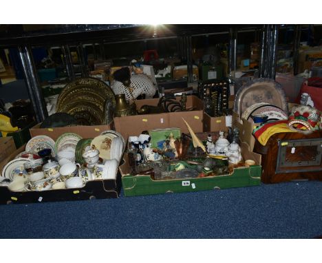 SIX BOXES AND LOOSE CERAMICS, GLASS, METAL WARES AND SUNDRY ITEMS, to include four late nineteenth/early twentieth century st