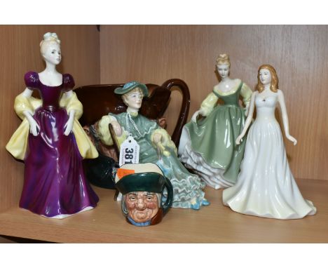 A GROUP OF ROYAL DOULTON FIGURINES AND CHARACTER JUGS, comprising four figurines: Ascot HN2356 (second quality, stamped 'Reje