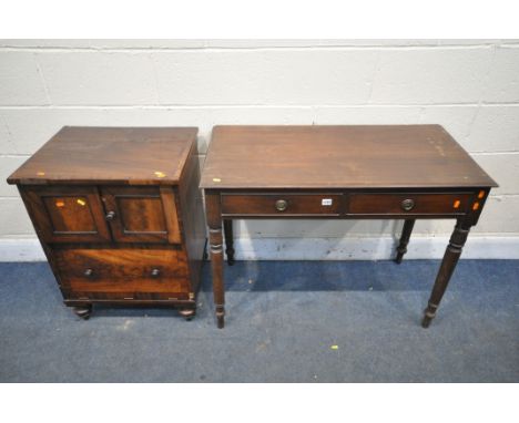 A VICTORIAN MAHOGANY SIDE TABLE with two drawers, width 98cm x depth 50cm x height 76cm, along with a Georgian flame mahogany