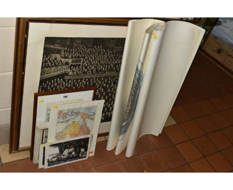 A SMALL QUANTITY OF PICTURES AND PRINTS ETC, to include two monochrome book illustrations, depicting a man and two young boys