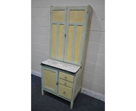 A VINTAGE GREEN PAINTED KITCHEN CABINET, with an enamel slide, width 79cm x depth 60cm x height 193cm (condition report: -age