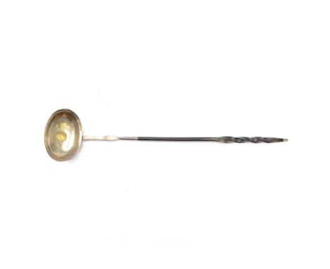 George III silver toddy ladle, the oval bowl set with a King George III 1802 gold one third of a guinea coin, with baleen twi