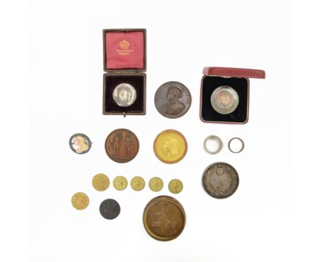 Medallions, tokens and miscellanea, including 'Whalley Agricultural Society' medallion, George II gaming tokens, 'George Fred