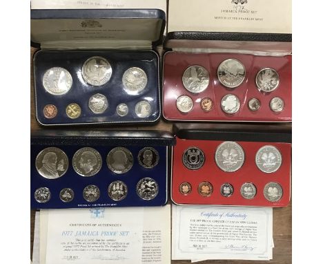 Proof Part Silver Coin Sets of Jamaica 1977 Year Set, Papua New Guinea 1977 Year Set, Barbados 1973 First National Coin Set a