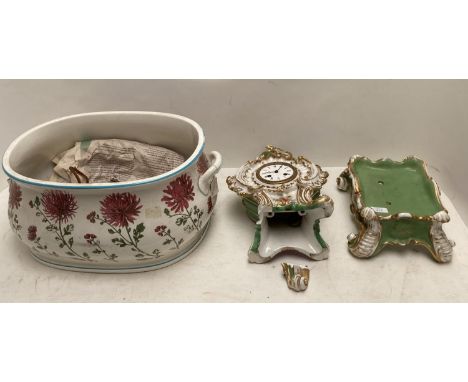Minton foot bath with missing handle &amp; decorative ceramic clock. Condition: Both damaged, see images 