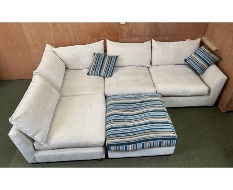 Large beige corner sofa (in two pieces) and a separate ottoman Assembled 195cmx304 cm, 104 cm depth  Condition:  Generally go