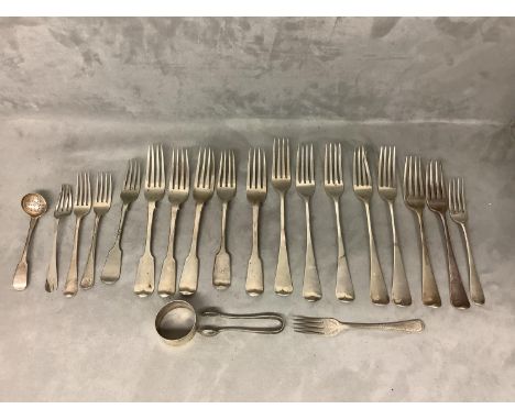 Quantity of Hallmarked Silver dinner &amp; desert forks, napkin rings &amp; sugar tongs, 31.02ozt 