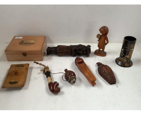 Qty of treen to include Vintage black Forest Briar Pipe, Mauchline ware box, Houses of Parliament, Mauchline ware blotter Sal