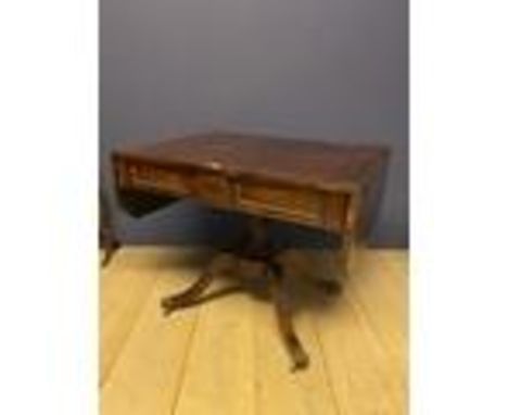 Regency rosewood and brass inlaid sofa table with 2 pull out drawers and 2 dummy drawers supported by 4 brass inlaid sweeping