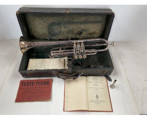 A cased trumpet, Boosey &amp; Co, see images for details and condition, and a book "Trumpet and Bugle Sounds for the Army 192