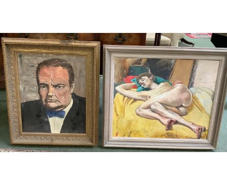 Oil on board portrait of Winston Churchill framed, 39cm x 49cm &amp; Oil on board, Nude, initialled lower left, label verso, 