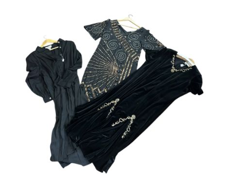 A group of late 20th century fashion to include a 1980s silk dress with sequins and beads, Argenti label, sz 8, a silk shirt 