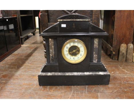 A late 19th century slate mantel clock in architectural case. Height 48cm, width 49cm, depth 17cm, weight 31.20kg.