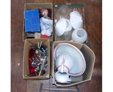 4x boxes of mixed ceramics and flatware. Including a ceramic water jug and basin, various epns items, a rag doll Leprechaun, 
