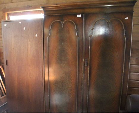 Double wardrobe single wardrobe and wooden bedstead with iron sprung base, (all items may need work so selling as restoration