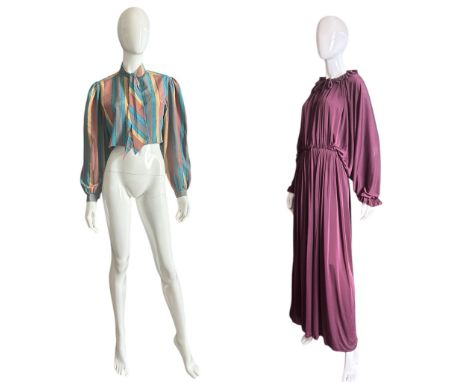 A late 1970s Halston blouse in striped silk,&nbsp; and a late 1970s Yuki maxi dress with deep dolman sleeves in claret jersey