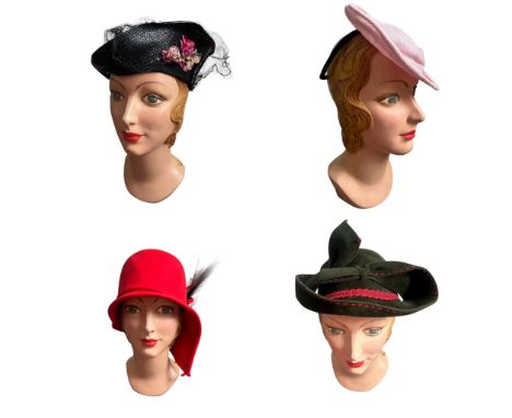 A group of vintage accessories, mostly 1920s and later to include a 1920s/30s berry red cloche hat with green band, a red fel