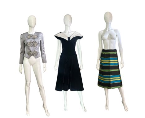 A group of vintage womenswear to include a 1980s Bellville Sassoon evening jacket in grey silk grosgrain with heavily embelli