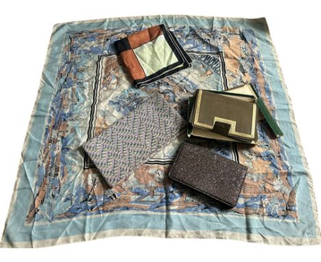 A group of vintage accessories to include a late 40s silk scarf with 18th century scenes, a silk square and three clutch bags