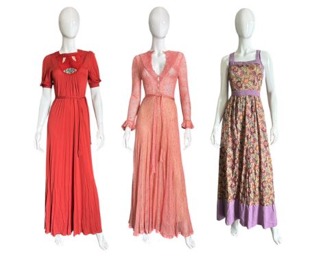 A group of 1970s women's fashion to include a rose print peplum dress with buttons to the side by Jaeger, a Susan Foxton knit