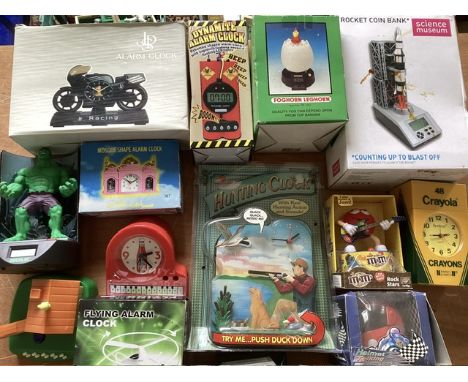 Vintage novelty alarm clocks and Royale Family alarm toy and many other pieces including motorbike and mostly boxed as shown-