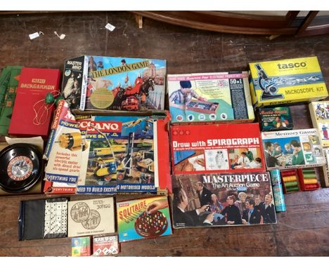 Childhood toy games very large selection to include Meccano( torn box) Spirograph, The London game, the great art masterpiece