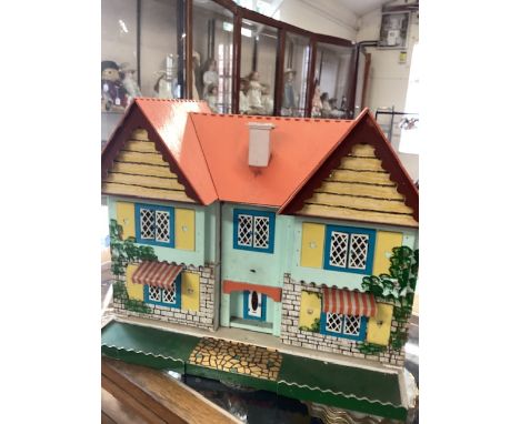 Wooden &nbsp;vintage childhood toys 1960s dolls house painted front opening with some furniture contents same age together wi