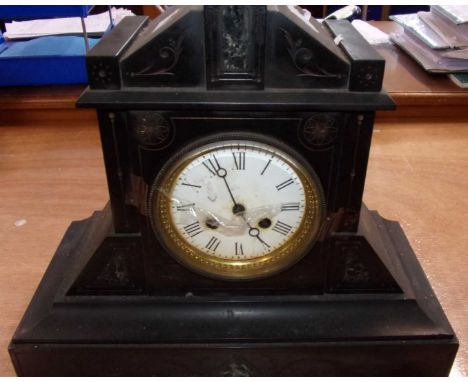 A late 19th century slate mantel clock in architectural case. Height 31cm, width 34cm, depth 15.5cm