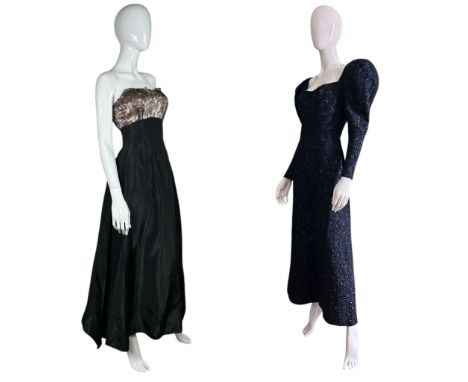 A late 1940s evening gown in navy blue faille with black beads and sequins, the dress being very fitted to the waist with low