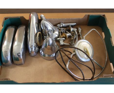 Selection of Triumph TR chromed spares to include bumper over riders, Chrome mirrors, hinges and catches &amp; steering wheel