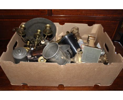 Large selection of brass and other metalware to include Brass and ceramic candlesticks.