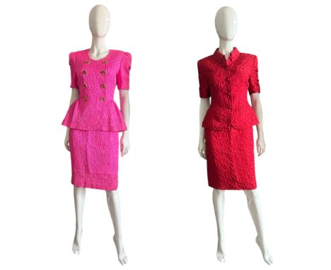 A 1980s hot pink quilted Escada skirt suit with peplum jacket. The quilting is done in gold thread and there&rsquo;s a double