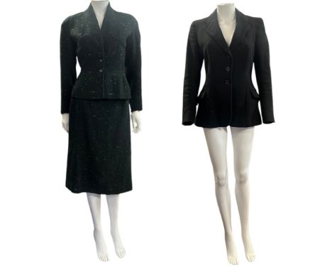 A later 1940s skirt suit with Harrods label in a fine green and black check with red and yellow fleck, the jacket lined in a 